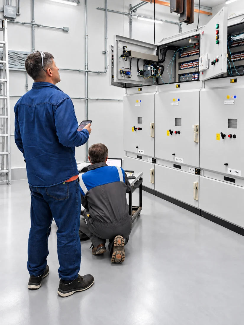Personal realizando verificaciones frente a equipos eléctricos