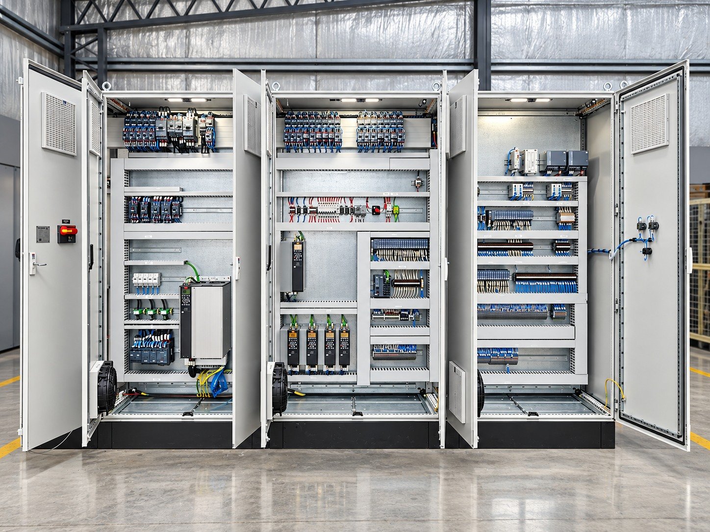 Tres tableros eléctricos de Silicom con su equipamiento interior visible